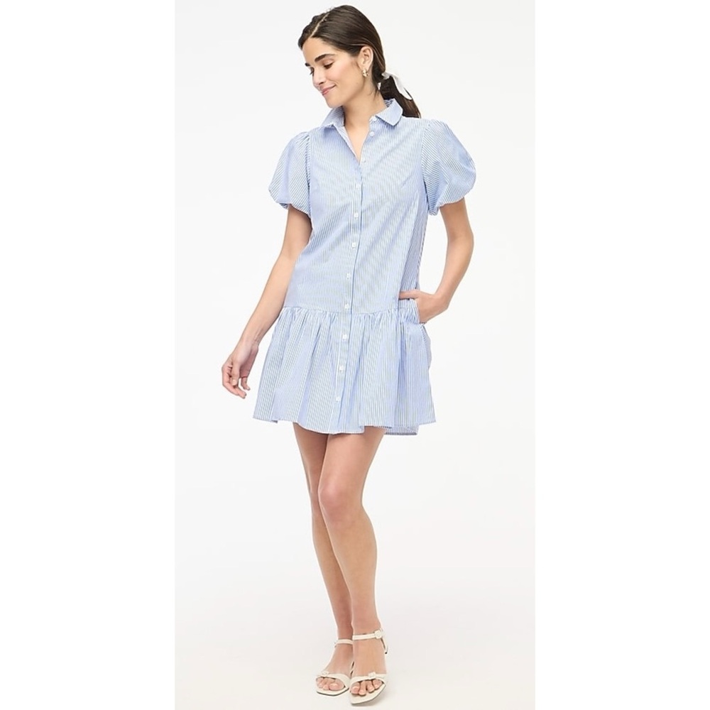 J. Crew Striped Bubble-Sleeve Button-Front Shirt Dress - Size 14